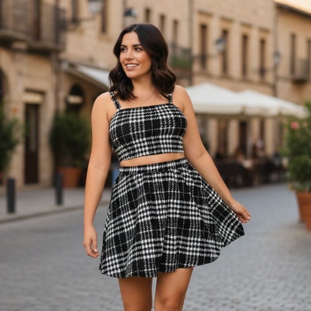 NEW•XL-2X•BLACK AND WHITE PLAID CROP TOP